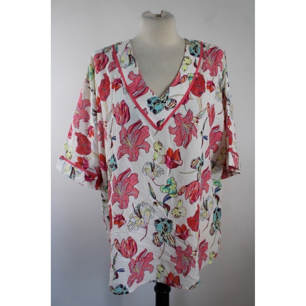 Jade Melody Tam M/L Pink Floral V-Neck Kimono Sleeve Relaxed Blouse Top Lilly